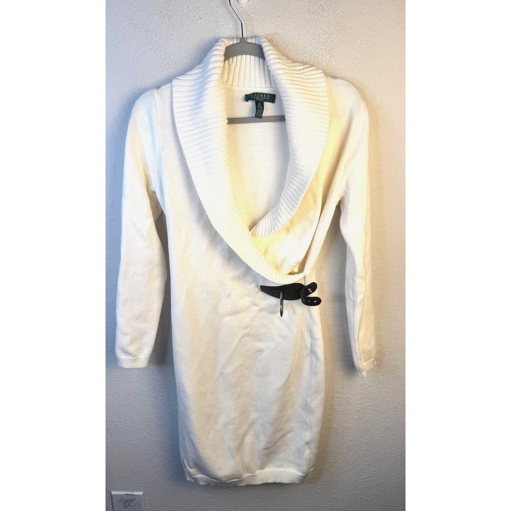 Lauren Ralph Lauren‎ Sweater Dress M Ivory Shawl Collar Buckle Cotton Old Money